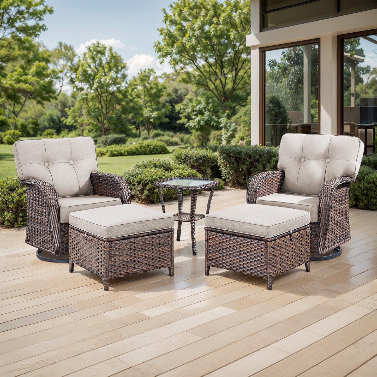 5-Piece Outdoor Patio Set: 2 Swivel Rocker Chairs + Side Table + 2 Ottomans – 5" Thick T-Back Cushions, All-Weather PE Wicker, T Series