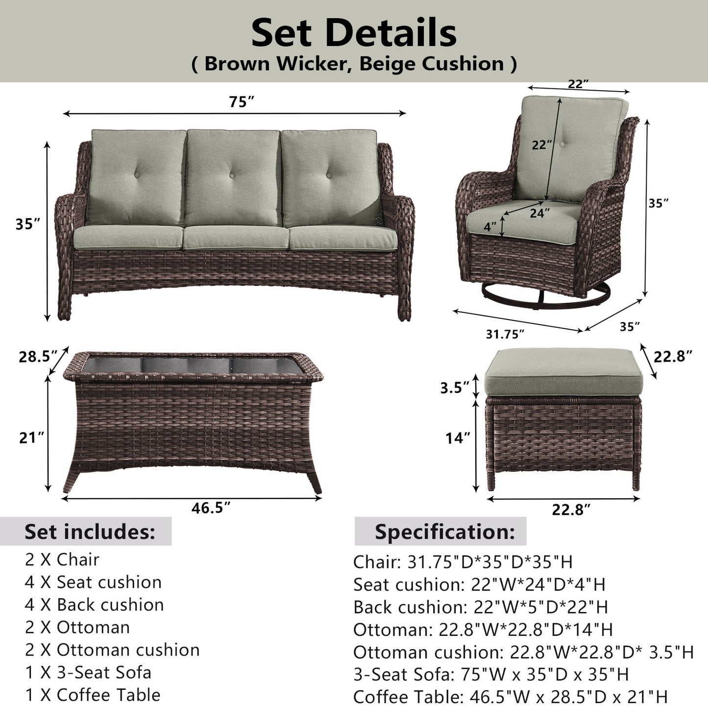 Patio Conversation Set 6-Piece with Sofa, 2-Swivel Glider Chairs, Coffee Table, and 2-Ottoman, NTC Series - B2B Wholesale