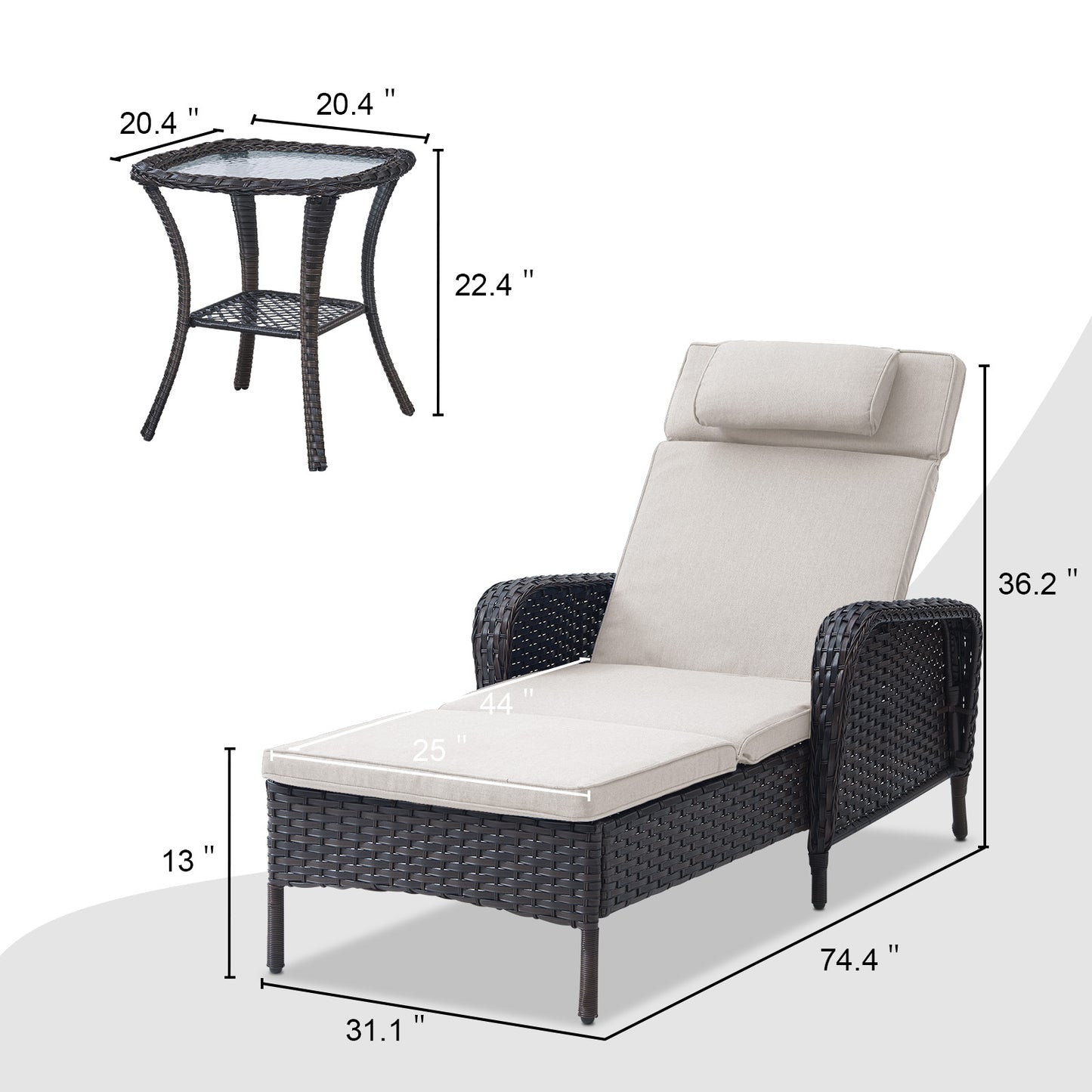 3-Piece Outdoor Wicker Lounge Set – 2 Adjustable 75" Chaise Lounges + Side Table, All-Weather Rattan, NTC Series