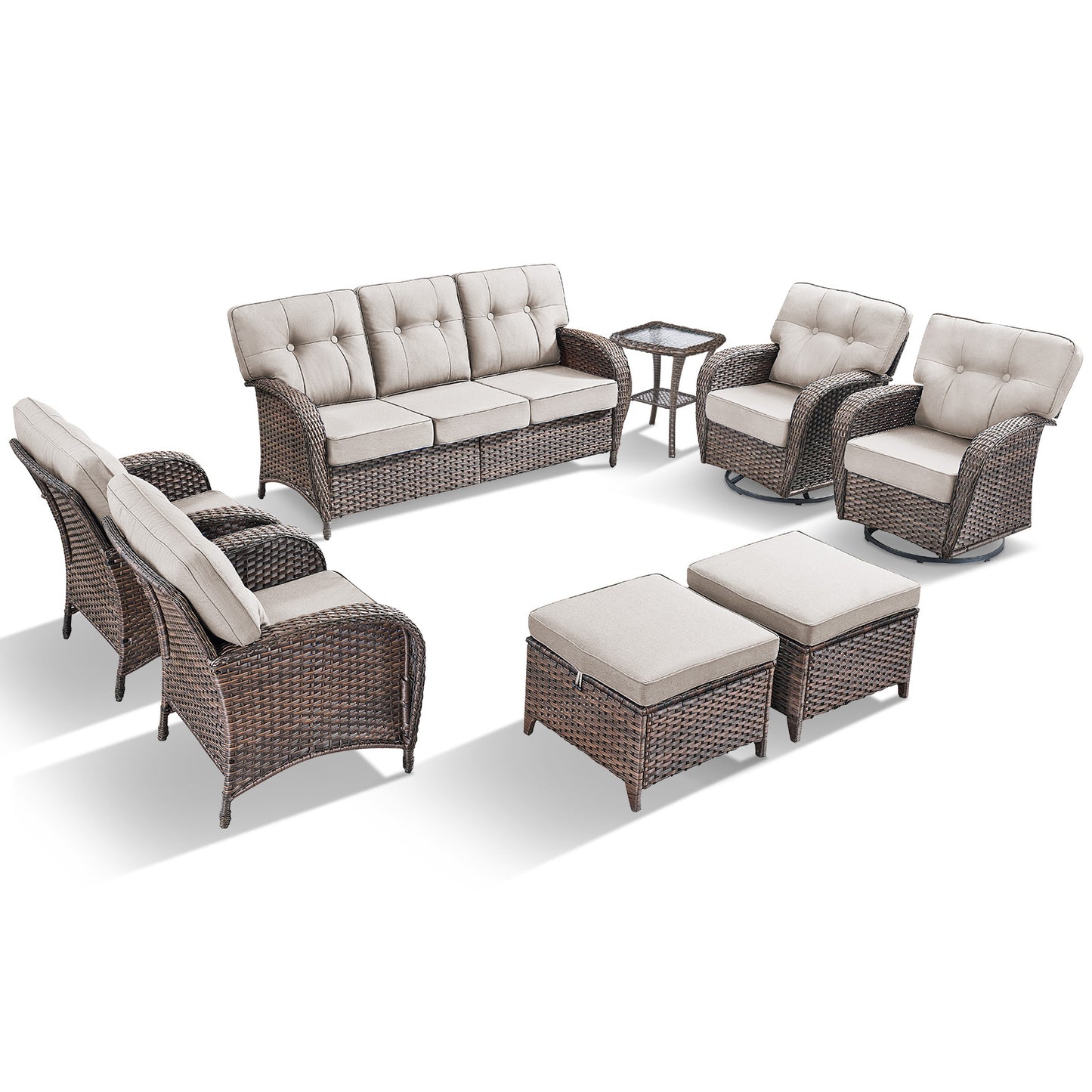Premium 8-Piece Outdoor Sofa Set: 3-Person Sofa + 2 Swivel Rocking Chairs + 2 Patio Chairs + Side Table + 2 Footstools - Heavy Duty PE Wicker with Supportive 5" High-Density (28D) Cushions, T Series