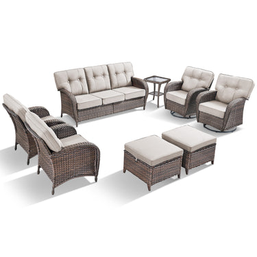 Premium 8-Piece Outdoor Sofa Set: 3-Person Sofa + 2 Swivel Rocking Chairs + 2 Patio Chairs + Side Table + 2 Footstools - Heavy Duty PE Wicker with Supportive 5" High-Density (28D) Cushions, T Series - Belord
