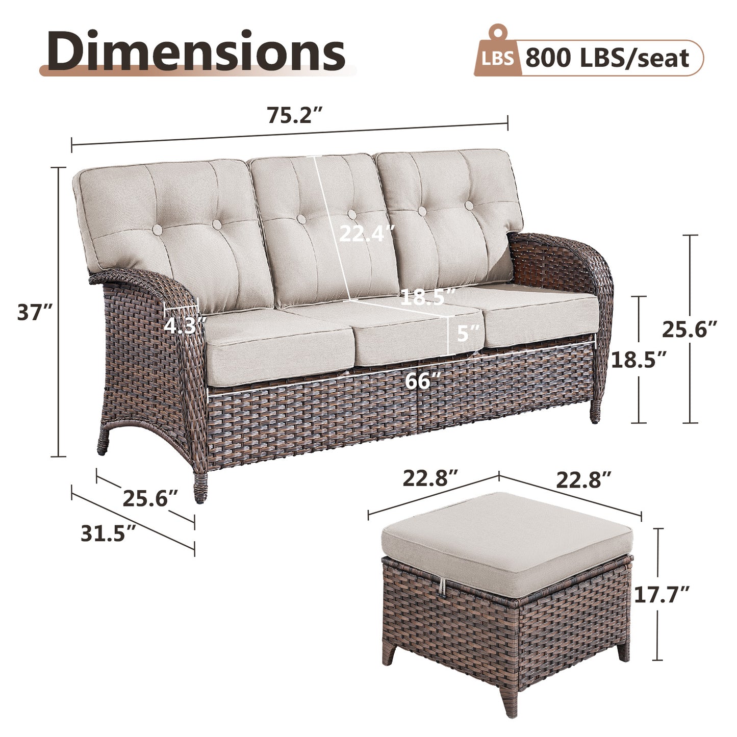 T Series 3-Piece Patio Set: 1 T-Back Sofa + 2 Ottomans – All-Weather PE Wicker with 5" Thick Cushions