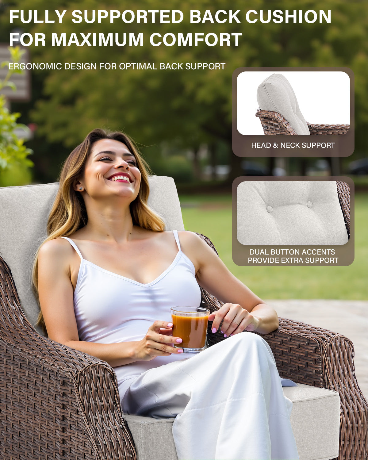 Luxury 3-Pc Outdoor Wicker Swivel Glider Set - 2 High Back Patio Chairs with 6" Thick Cushions & Side Table, Ovolo Series