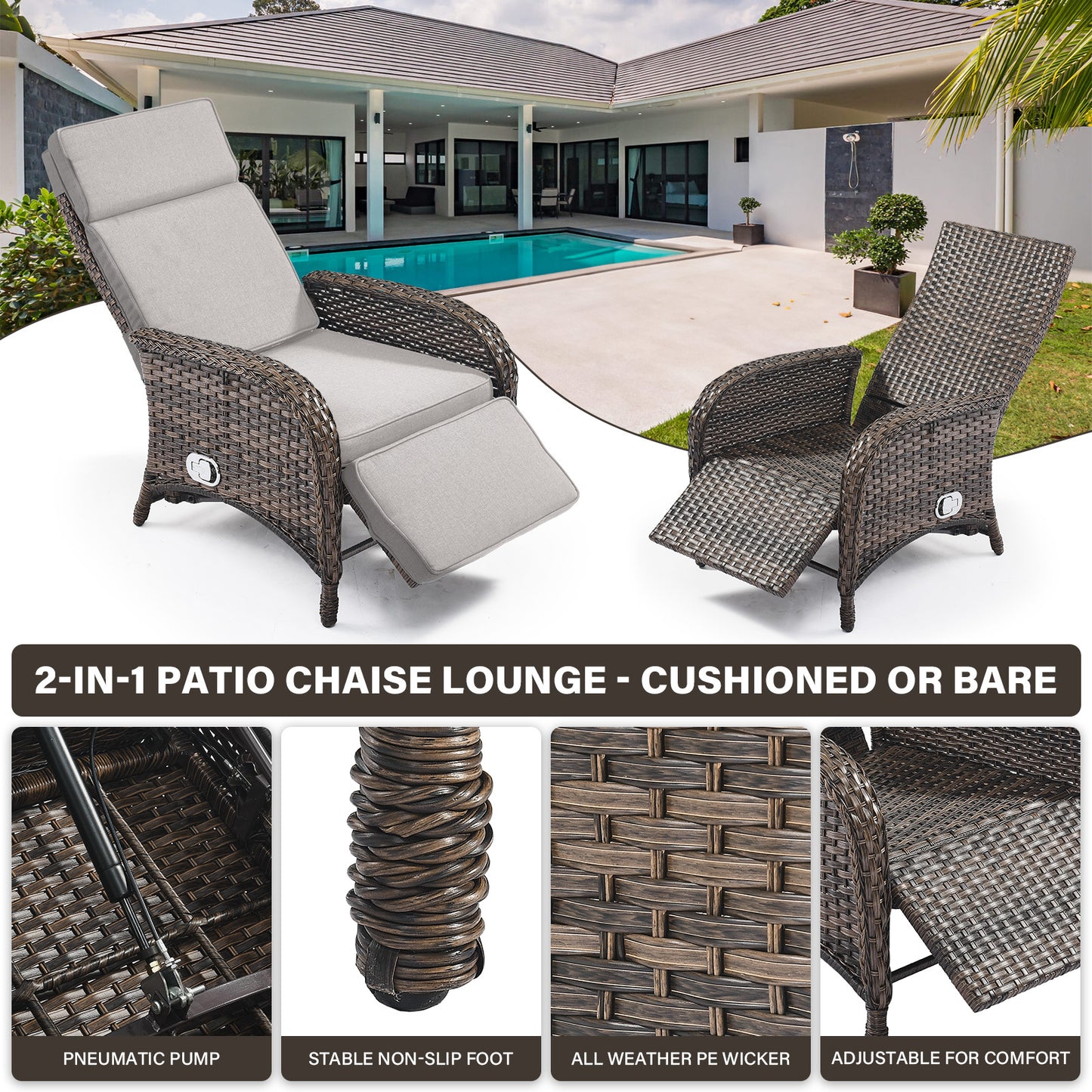 Premium 7-Piece Patio Conversation Set - 4 Adjustable Recliners & 3 Side Tables with 155° Lay Flat Chaise, NDS Series