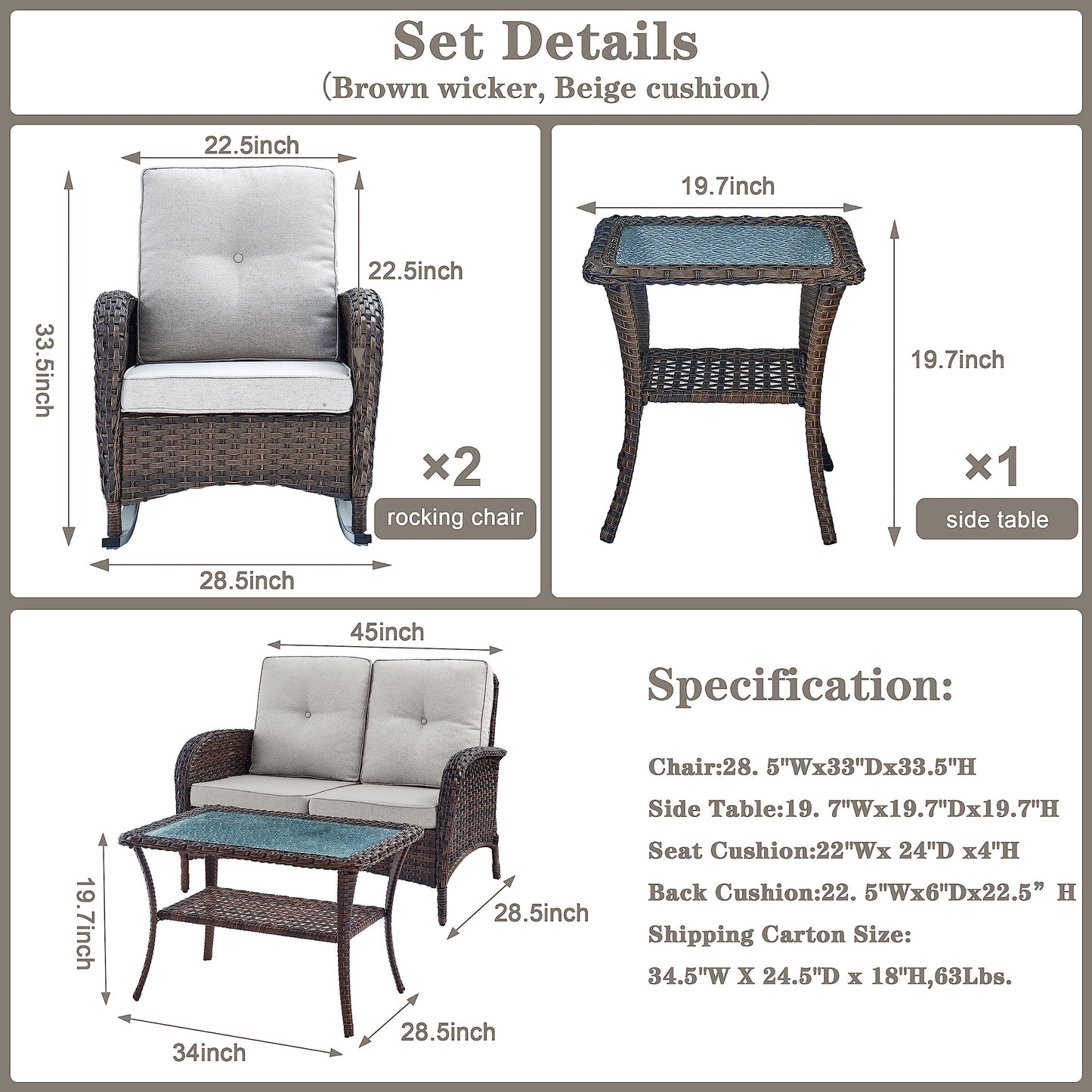 Patio Conversation Set 5-Piece with Loveseat, Rocking Chairs, Coffee Table, and Side Table, NDS Series