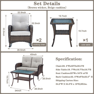 Patio Conversation Set 5-Piece with Loveseat, Rocking Chairs, Coffee Table, and Side Table, NDS Series - Belord