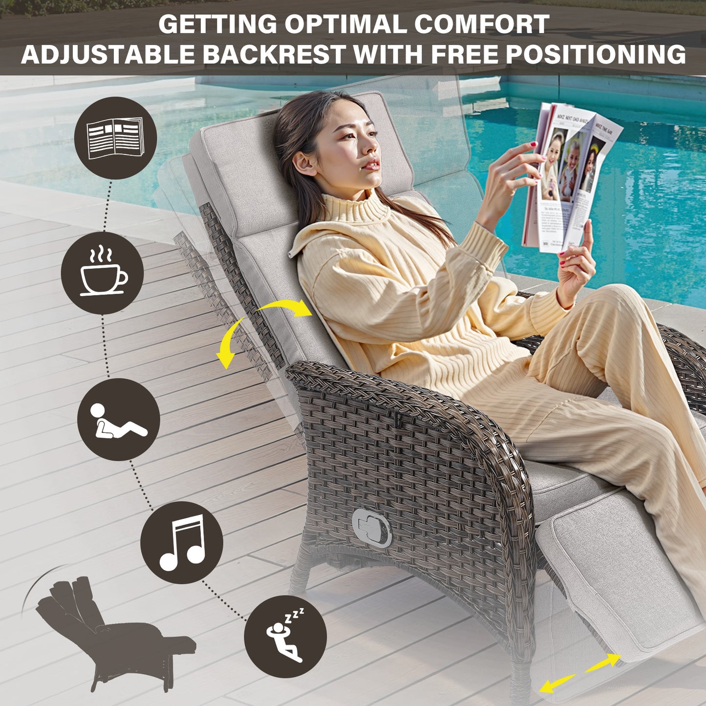 Premium 7-Piece Patio Conversation Set - 4 Adjustable Recliners & 3 Side Tables with 155° Lay Flat Chaise, NDS Series