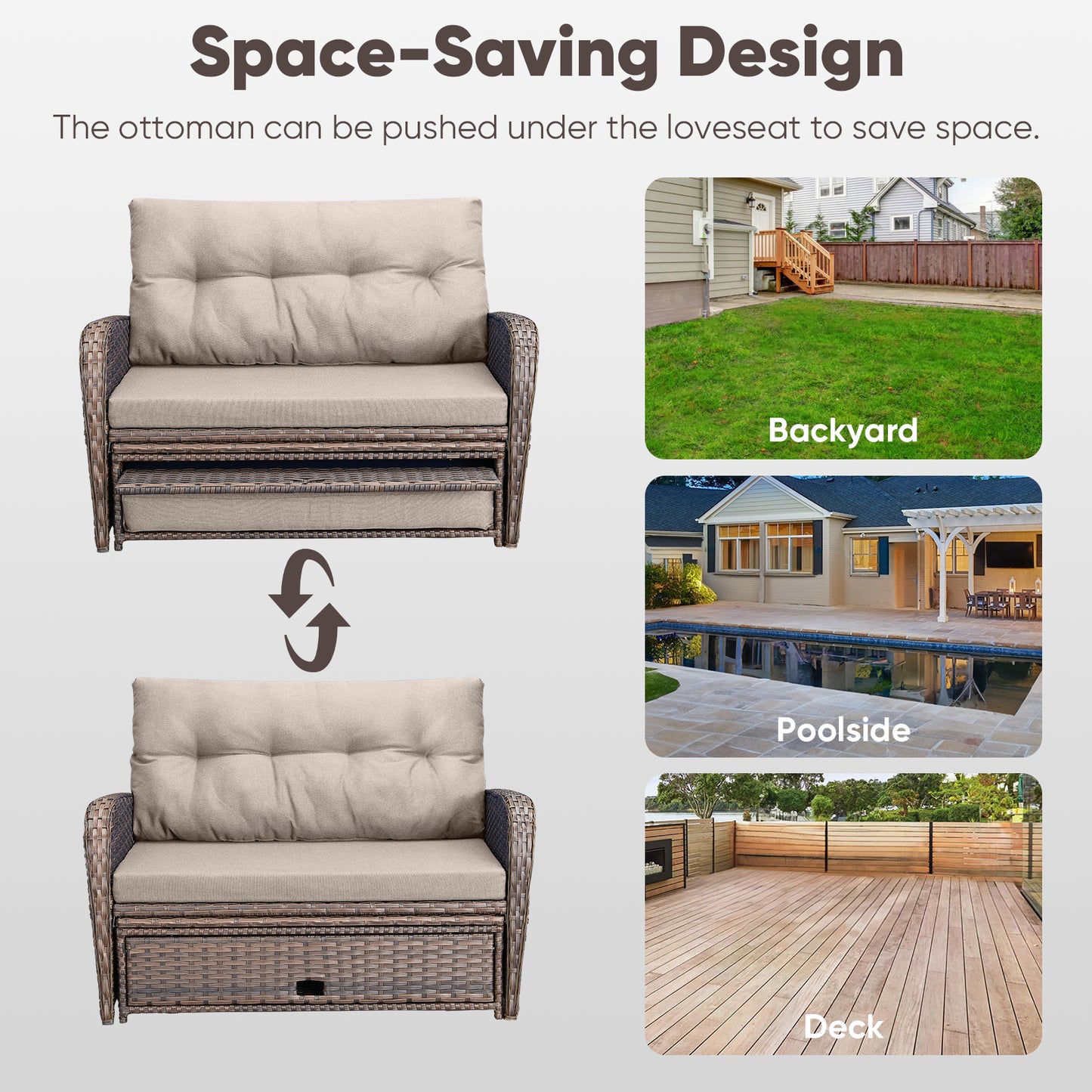 Outdoor Rattan Daybed Set with Multipurpose Ottoman & Side Tray, NDS Series