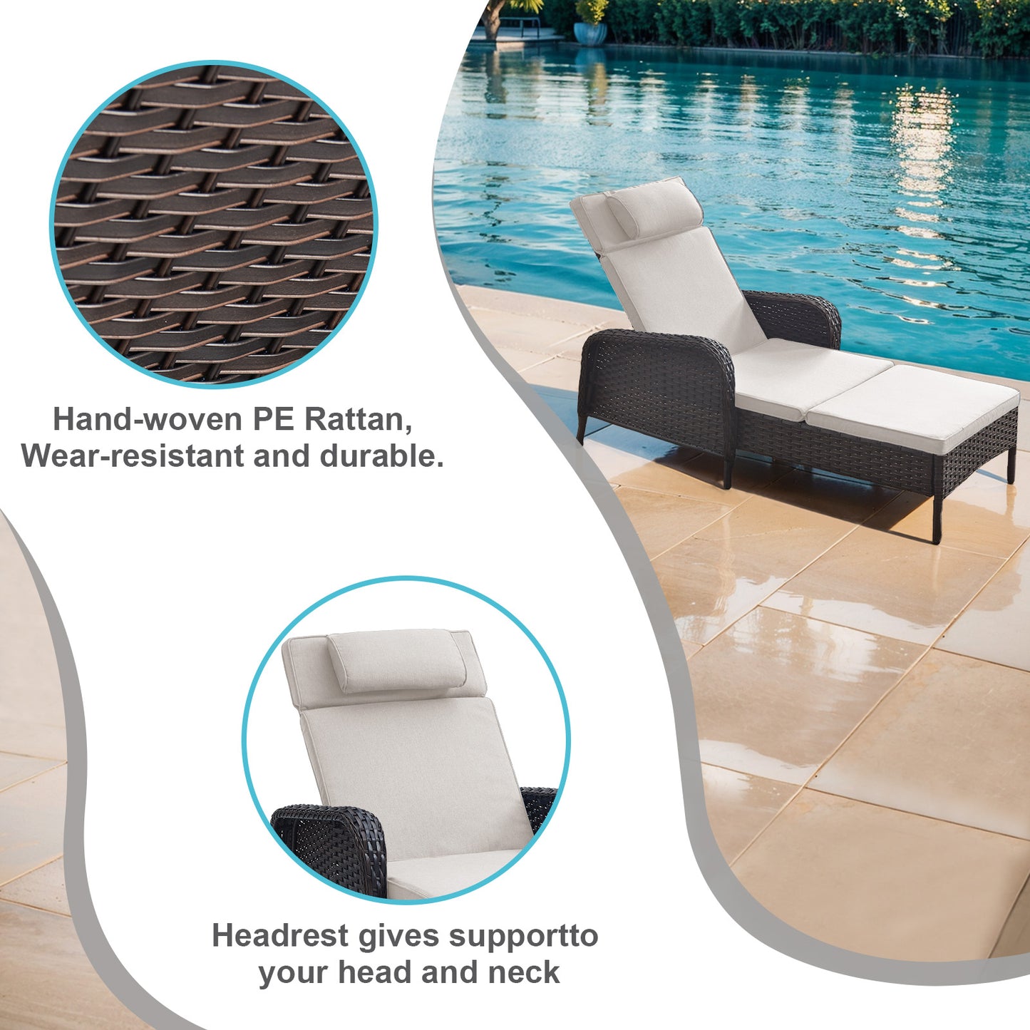 3-Piece Outdoor Wicker Lounge Set – 2 Adjustable 75" Chaise Lounges + Side Table, All-Weather Rattan, NTC Series