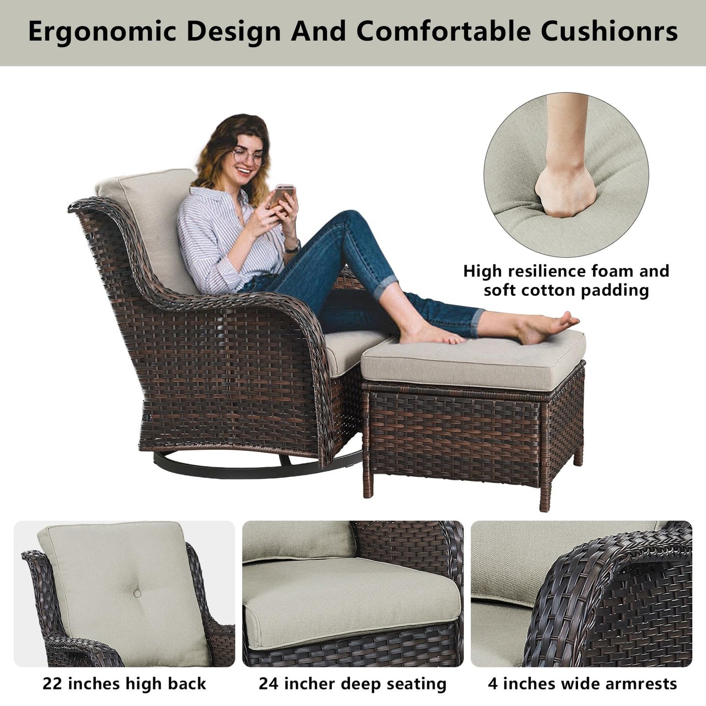 Patio Conversation Set 6-Piece with Sofa, 2-Swivel Glider Chairs, Coffee Table, and 2-Ottoman, NTC Series - B2B Wholesale