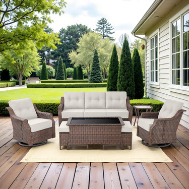 7-Piece Luxury Outdoor Conversation Set - High Back Swivel Glider Chairs with 3-Seat Sofa & Ottoman, Ovolo Series - Belord