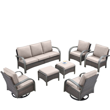 Patio Conversation Set 7-Piece with 1 Sofa, 2 Swivel Glider Chairs, 2 Patio Chairs, 2 Ottoman, HW Series - Belord
