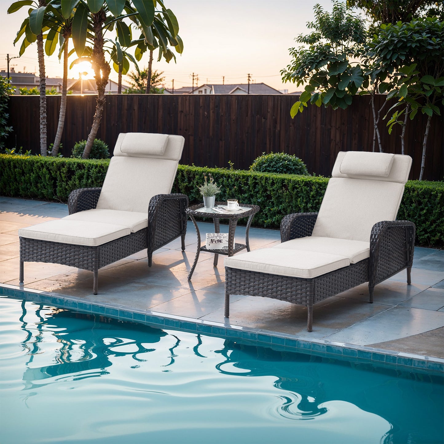 3-Piece Outdoor Wicker Lounge Set – 2 Adjustable 75" Chaise Lounges + Side Table, All-Weather Rattan, NTC Series