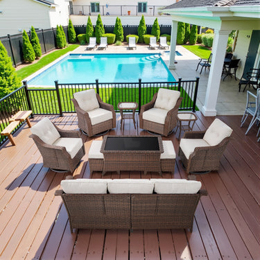 10-Piece Luxury Outdoor Conversation Set - 4 High Back Swivel Rocker Chairs + 3-Seater Sofa with Wicker Ottoman & Coffee Table, Ovolo Series - Belord