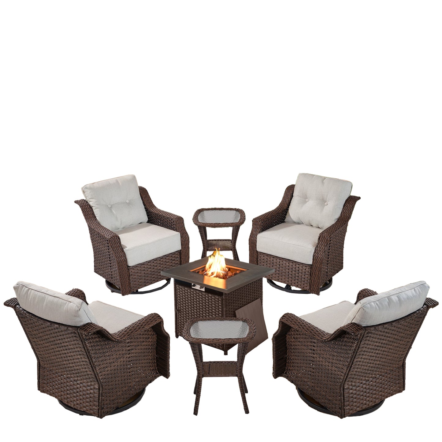 Luxury 7-Piece Outdoor Fire Pit Set - 4 Swivel Glider Chairs with 30" Propane Table & 6" Thick Cushions, Ovolo Series