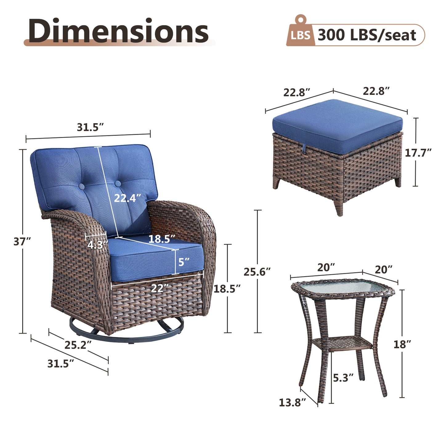 5-Piece Outdoor Patio Set: 2 Swivel Rocker Chairs + Side Table + 2 Ottomans – 5" Thick T-Back Cushions, All-Weather PE Wicker, T Series