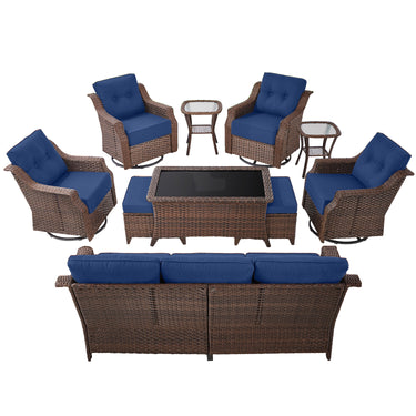10-Piece Luxury Outdoor Conversation Set - 4 High Back Swivel Rocker Chairs + 3-Seater Sofa with Wicker Ottoman & Coffee Table, Ovolo Series - Belord