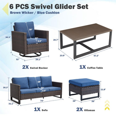 Patio Conversation Set 6-Piece with Sofa, Swivel Glider Chairs, Coffee Table, and Ottoman, GRS Series - Belord