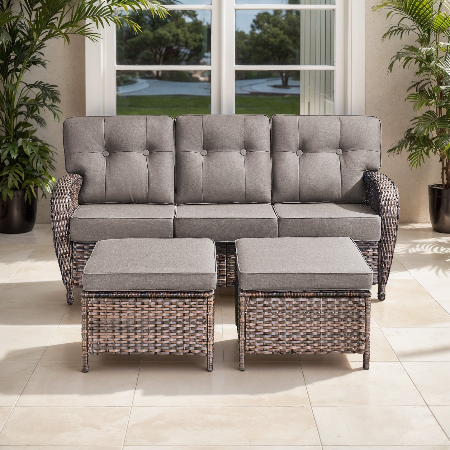 T Series 3-Piece Patio Set: 1 T-Back Sofa + 2 Ottomans – All-Weather PE Wicker with 5" Thick Cushions