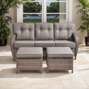T Series 3-Piece Patio Set: 1 T-Back Sofa + 2 Ottomans – All-Weather PE Wicker with 5in Thick Cushions - Belord