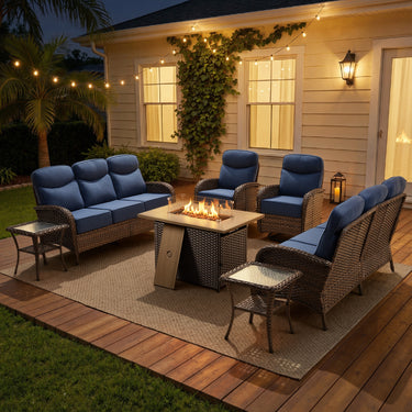 Luxury 7-Piece Rattan Patio Set with Wicker Fire Pit Table – Premium Seating for Patio & Backyard, ND Series - Belord