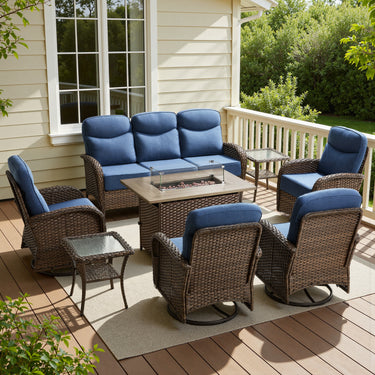 Luxury 8-Piece Rattan Patio Set with Wicker Fire Pit Table – Deep Cushion Comfort for Garden Evenings, ND Series - Belord