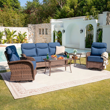 Elegant 5-Piece Outdoor Conversation Set – Sofa & Swivel Rockers with Coffee Table, All-Weather Wicker for Patio Parties, ND Series - Belord