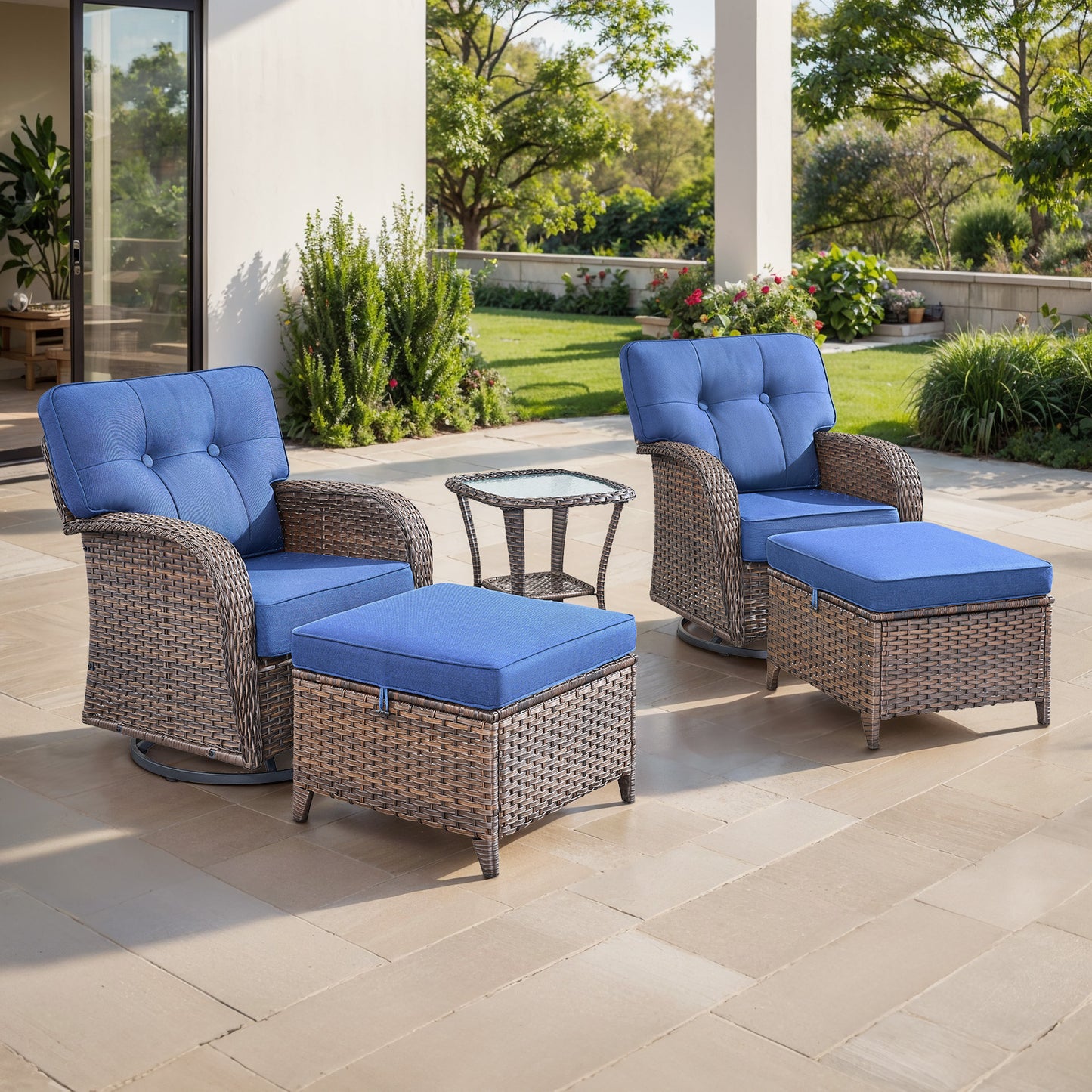 5-Piece Outdoor Patio Set: 2 Swivel Rocker Chairs + Side Table + 2 Ottomans – 5" Thick T-Back Cushions, All-Weather PE Wicker, T Series