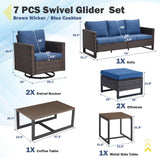 Patio Conversation Set 7-Piece with Sofa, Swivel Glider Chairs, Coffee Table, Side Table, and Ottoman, GRS Series - Belord