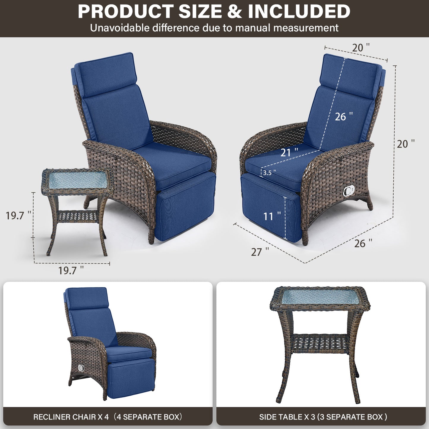Premium 7-Piece Patio Conversation Set - 4 Adjustable Recliners & 3 Side Tables with 155° Lay Flat Chaise, NDS Series