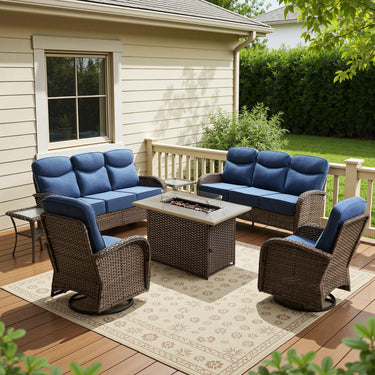Luxury 7-Piece Rattan Patio Set with Wicker Fire Pit Table – Premium Seating for Patio & Backyard, ND Series - Belord