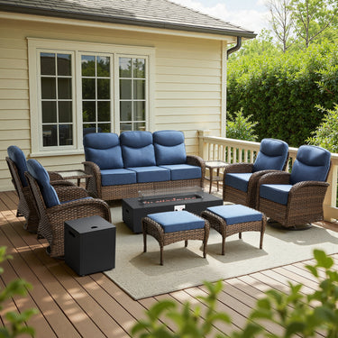 Luxury 10-Piece Patio Lounge Set with Split Fire Pit Table & Ottomans – Ultimate Outdoor Comfort, ND Series - Belord