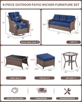 8-Piece Luxury Outdoor Wicker Set - 2 High Back Swivel Glider Chairs + 2 Rattan Sofa, Coffee Table & Ottoman, Ovolo Series - Belord