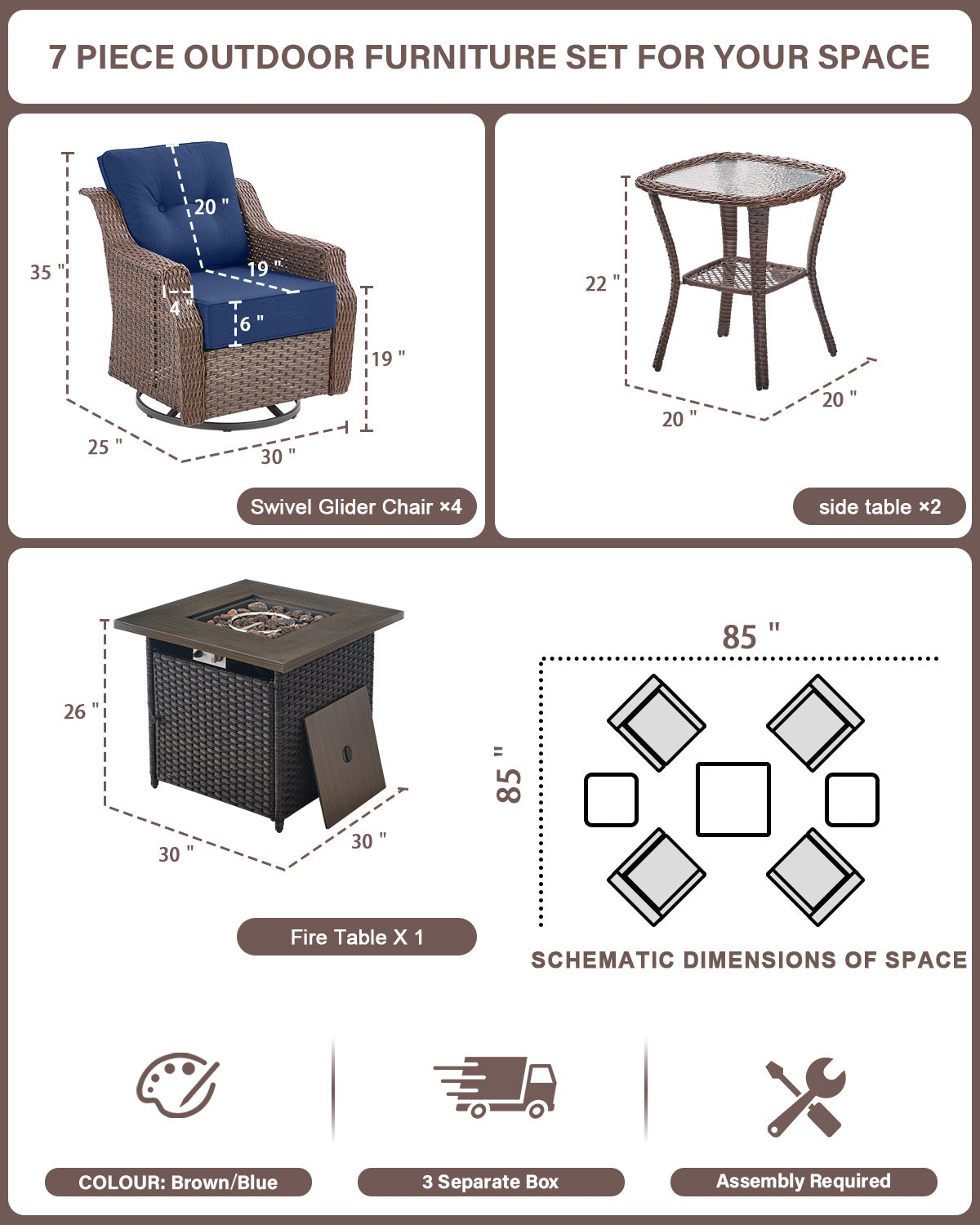 Luxury 7-Piece Outdoor Fire Pit Set - 4 Swivel Glider Chairs with 30" Propane Table & 6" Thick Cushions, Ovolo Series