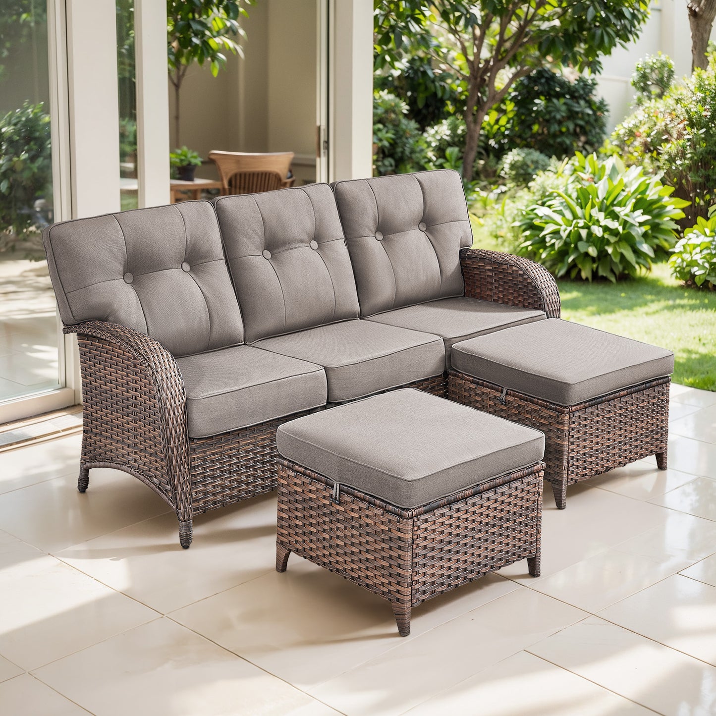 T Series 3-Piece Patio Set: 1 T-Back Sofa + 2 Ottomans – All-Weather PE Wicker with 5" Thick Cushions
