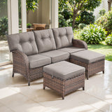 T Series 3-Piece Patio Set: 1 T-Back Sofa + 2 Ottomans – All-Weather PE Wicker with 5in Thick Cushions - Belord