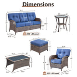 Belord 7-piece patio conversation set with brown wicker and blue cushions, includes sofa, chairs, tables, and footstools.