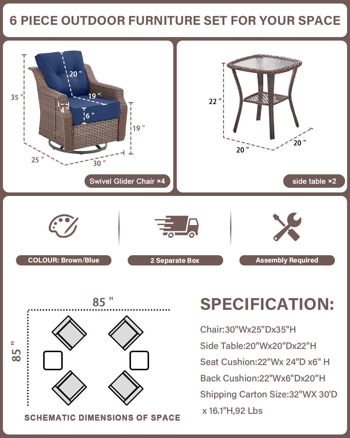 Luxury 6-Pc 6" Thick-Cushion Patio Set - 4 Swivel Glider Chairs & Tempered Glass Side Table, Ovolo Series
