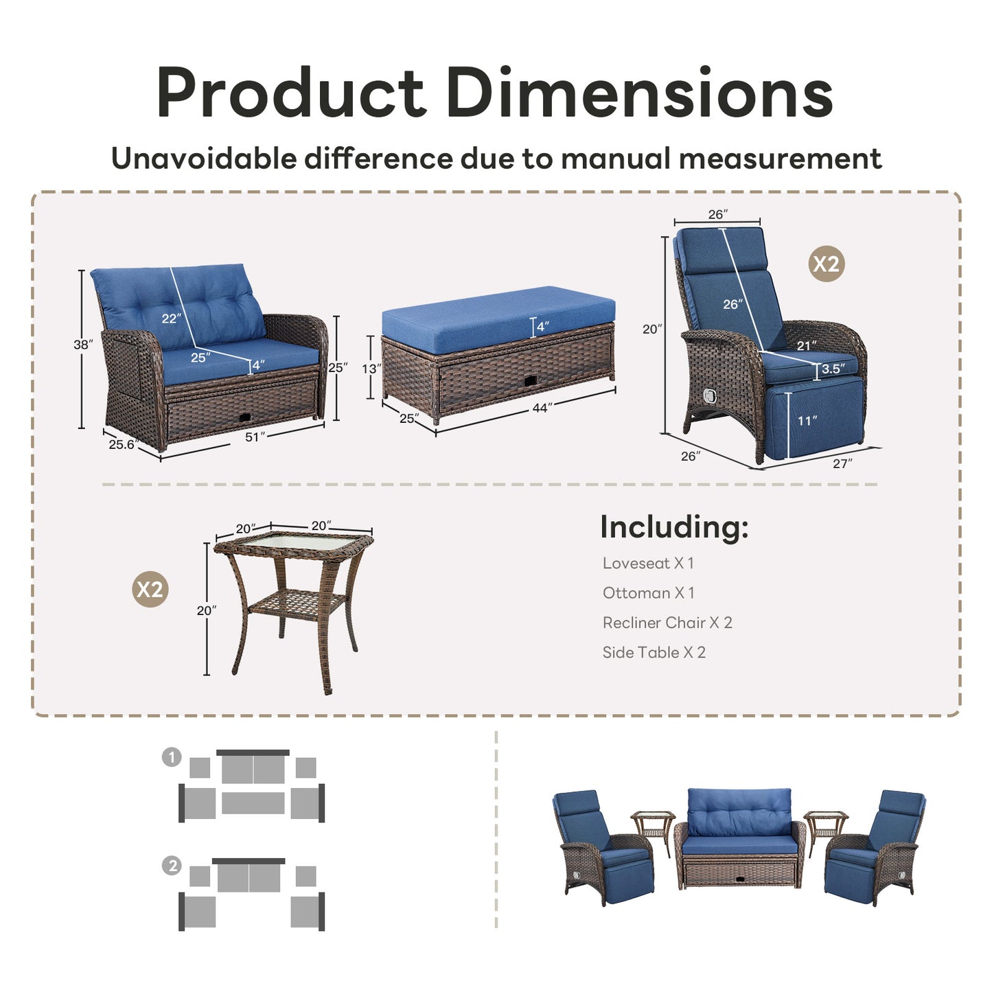 Premium 6-Piece Patio Furniture Set - All-Weather PE Wicker Conversation Set with Loveseat Daybed, 2 Recliner Lounge Chairs & 2 Side Table for Poolside, NDS Series
