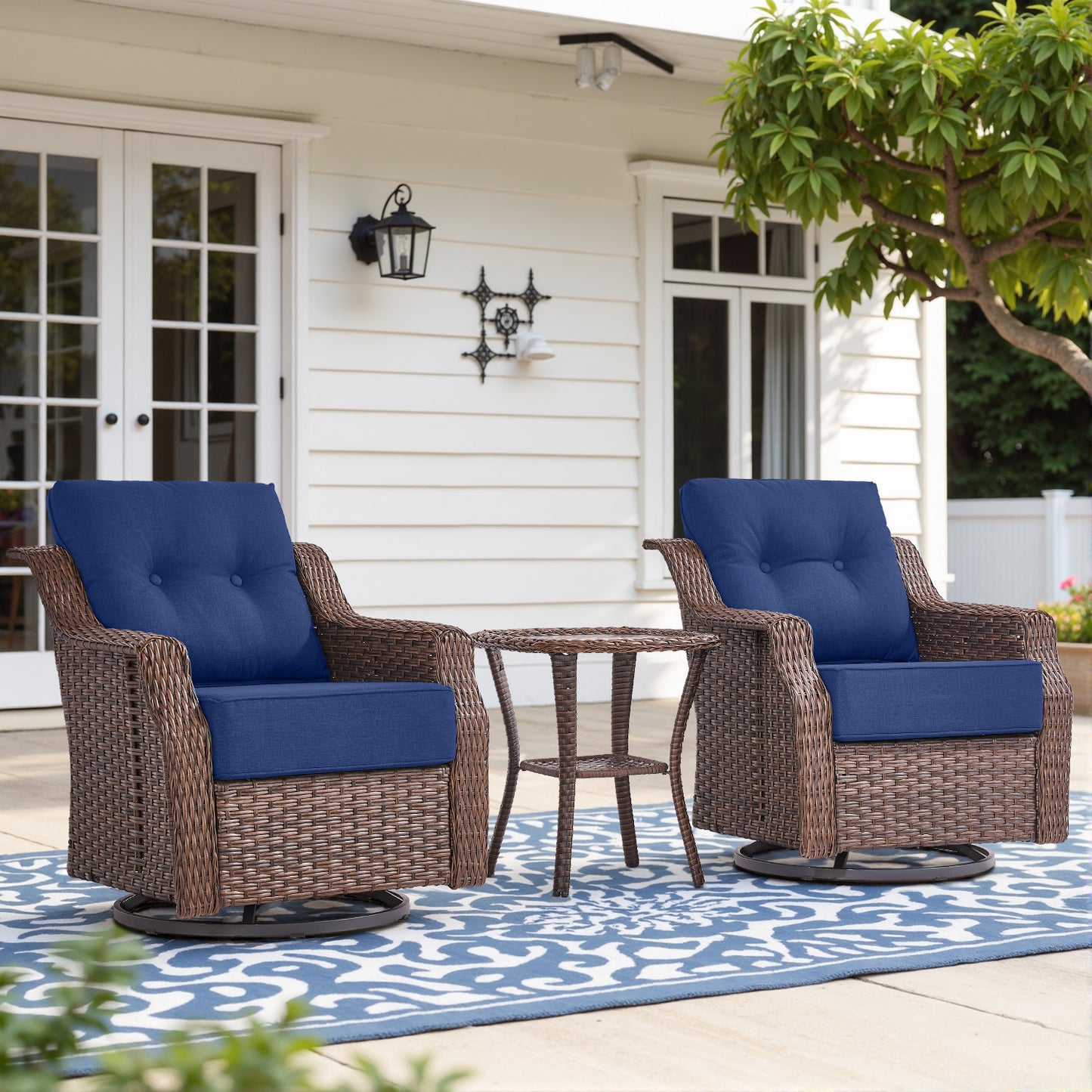 Luxury 3-Pc Outdoor Wicker Swivel Glider Set - 2 High Back Patio Chairs with 6" Thick Cushions & Side Table, Ovolo Series