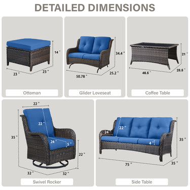Patio Conversation Set 7-Piece with Sofa, Glider Loveseat, Swivel Glider Chairs, Ottoman and Coffee Table, NTC Series - Belord