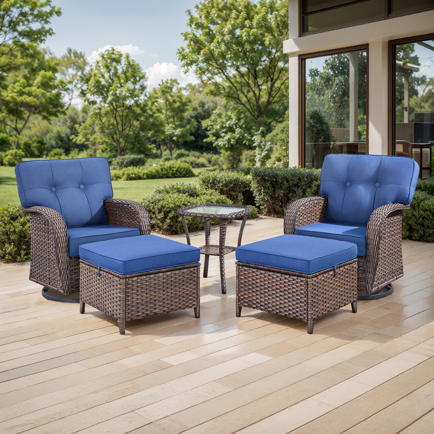 5-Piece Outdoor Patio Set: 2 Swivel Rocker Chairs + Side Table + 2 Ottomans – 5" Thick T-Back Cushions, All-Weather PE Wicker, T Series