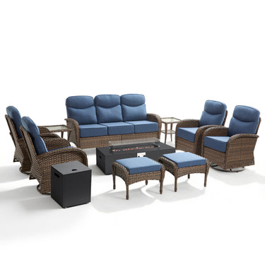 Luxury 10-Piece Patio Lounge Set with Split Fire Pit Table & Ottomans – Ultimate Outdoor Comfort, ND Series - Belord