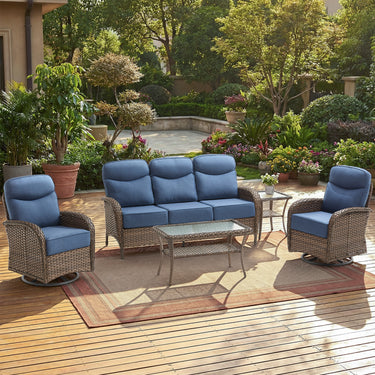 Elegant 5-Piece Outdoor Conversation Set – Sofa & Swivel Rockers with Coffee Table, All-Weather Wicker for Patio Parties, ND Series - Belord
