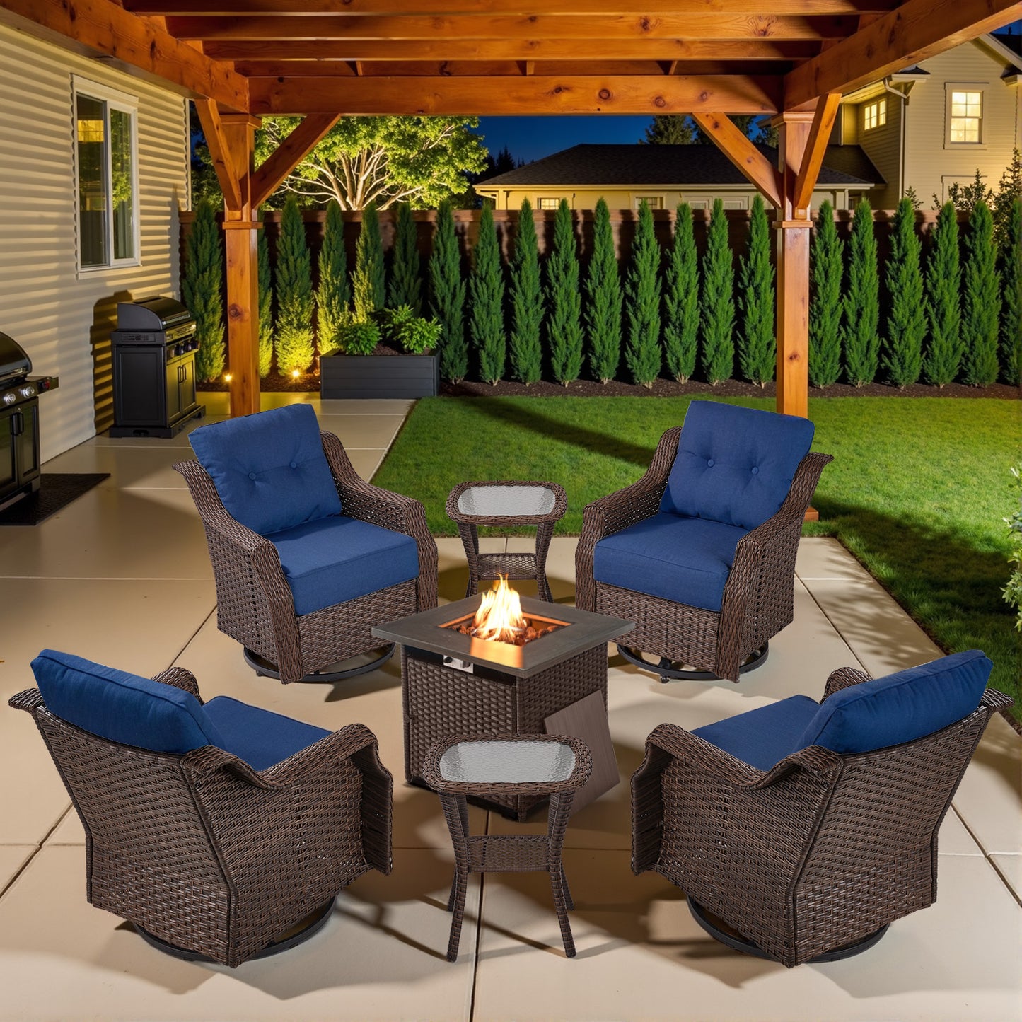 Luxury 7-Piece Outdoor Fire Pit Set - 4 Swivel Glider Chairs with 30" Propane Table & 6" Thick Cushions, Ovolo Series
