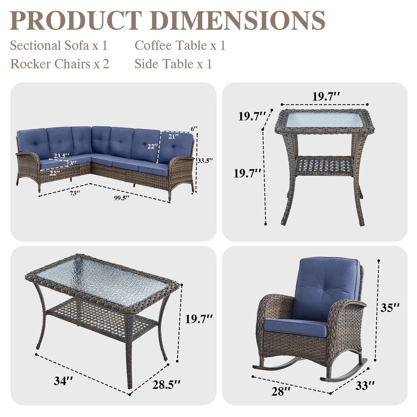 Large Sectional Set 10-Piece with Rocking Chairs, Coffee Table, and Side Table, NDS Series