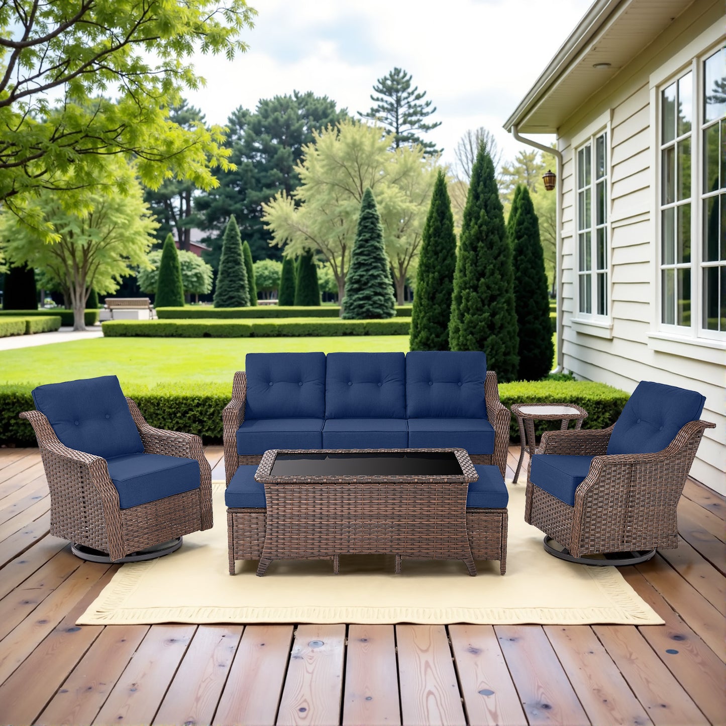 7-Piece Luxury Outdoor Conversation Set - High Back Swivel Glider Chairs with 3-Seat Sofa & Ottoman, Ovolo Series