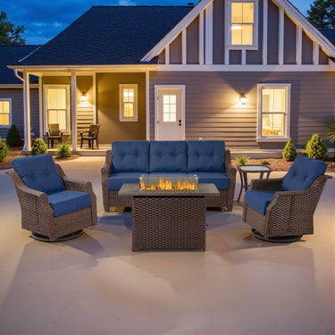 Luxury 5-Piece Outdoor Patio Set with Fire Pit Table - 41" Swivel Glider Chairs & Sofa, All-Weather Wicker with 6" Red Cushions, Ovolo Series - Belord