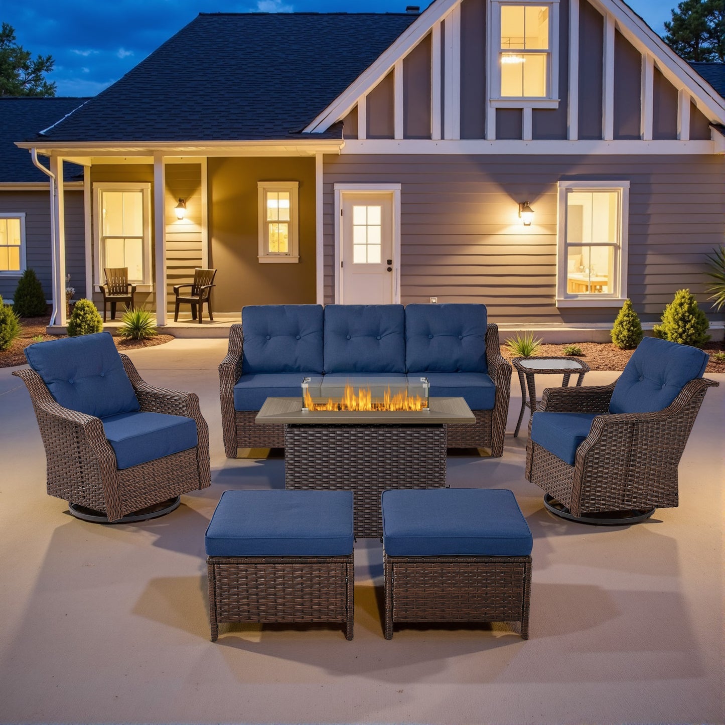 Outdoor Fire Pit Furniture Set - 7pc w/Swivel Glider Chairs & Thick 6" Cushions, Ovolo Series