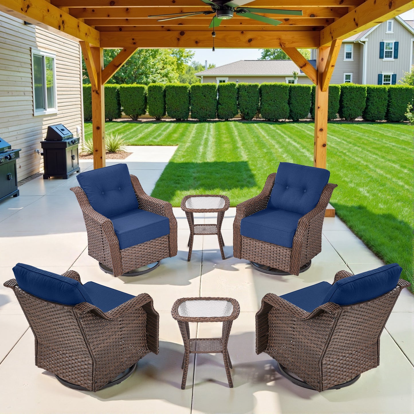 Luxury 6-Pc 6" Thick-Cushion Patio Set - 4 Swivel Glider Chairs & Tempered Glass Side Table, Ovolo Series